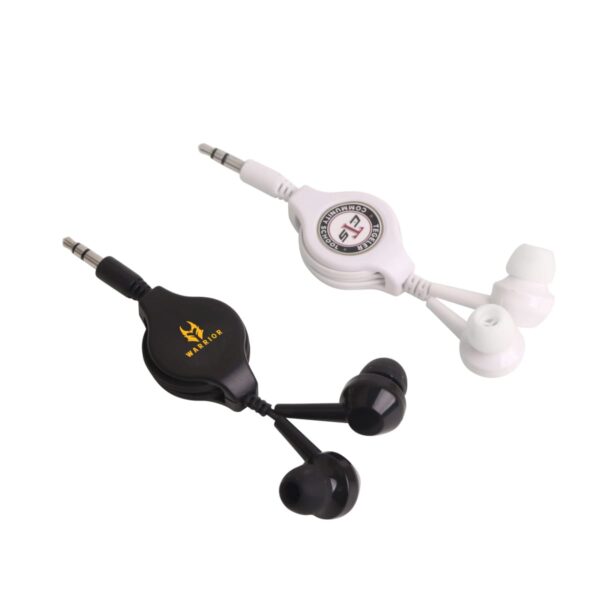 White and black retractable earbuds with 3.5mm jacks on a white background.
