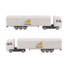 Two white semi-trucks with Creative Power logos displayed side by side.