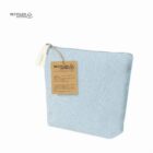 Light blue zippered pouch made of recycled cotton with a brown tag and label attached.
