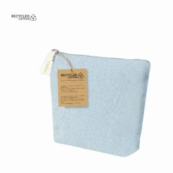 Light blue zippered pouch made of recycled cotton with a brown tag and label attached.