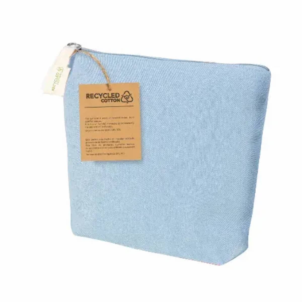 Light blue fabric pouch with a zipper and a recycled cotton label attached.