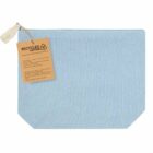 Light blue zippered pouch with a brown recycled cotton tag attached to the zipper.