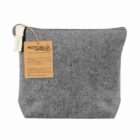 Gray zippered pouch made of recycled cotton with a brown tag attached.