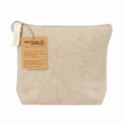 Beige recycled cotton zip pouch with a cardboard tag attached to the zipper.
