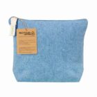 Light blue zippered pouch made of recycled cotton with a brown tag attached.