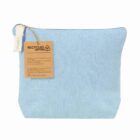 Light blue zippered pouch made of recycled cotton with a brown tag attached.