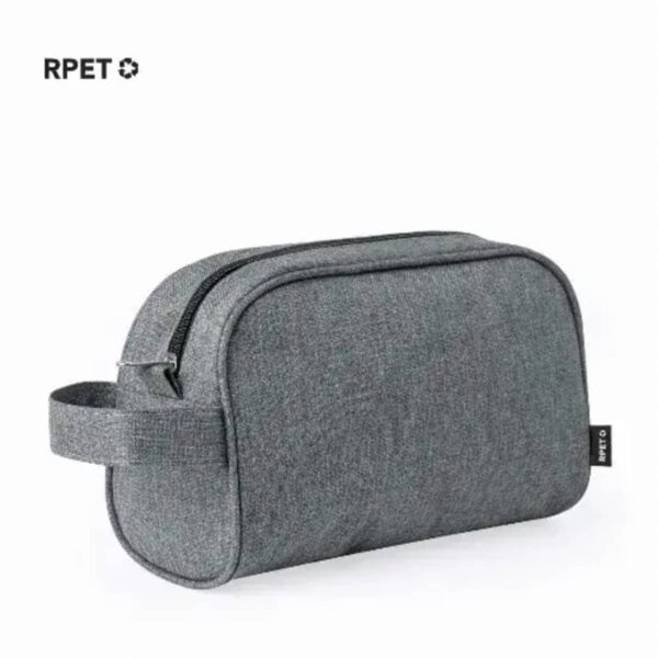 Gray zippered toiletry bag with side handle, made from recycled RPET material.