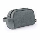 Gray fabric toiletry bag with a zipper and a side handle on a white background.