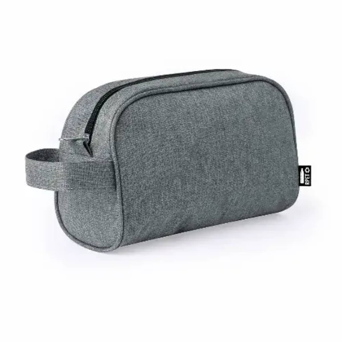 Gray fabric toiletry bag with a zipper and a side handle on a white background.
