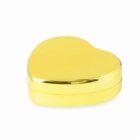 Shiny gold heart-shaped box on a plain white background.