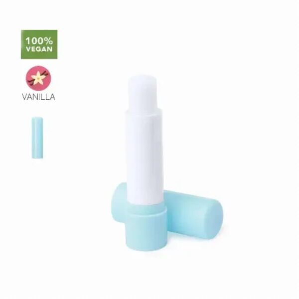 Light blue and white vegan vanilla lip balm tube with cap off, shown on a white background.