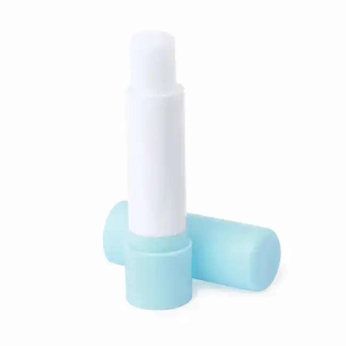 Light blue lip balm tube with the cap off, standing upright on a white background.
