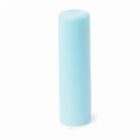 A single piece of light blue chalk standing upright on a white background.