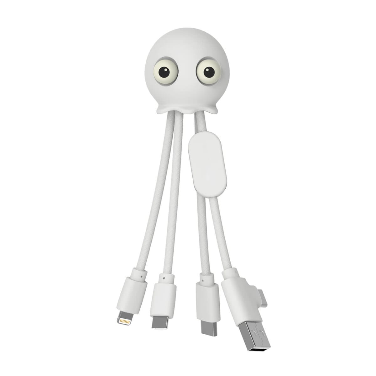 White octopus-shaped USB charging cable with multiple connectors.
