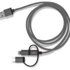 Gray multi-connector USB charging cable with Type-C, micro USB, and Lightning ends.