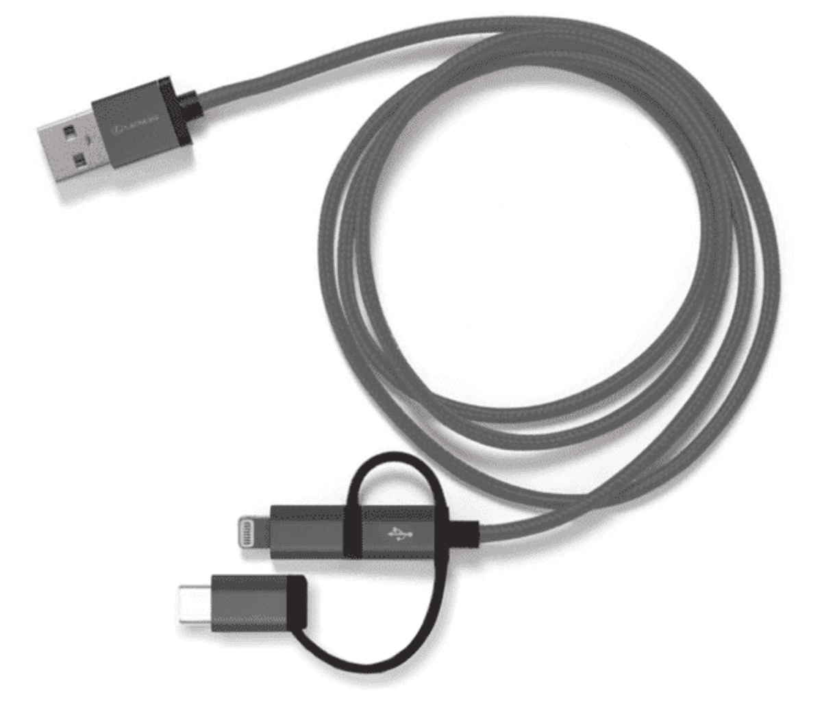Gray multi-connector USB charging cable with Type-C, micro USB, and Lightning ends.