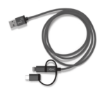 A multi-connector USB cable with three different plugs on white background.