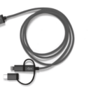 A grey, three-in-one charging cable with USB, Lightning, and USB-C connectors.