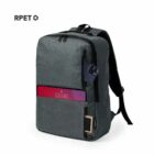 Dark gray backpack with phone and tablet in front pockets, RPET logo at top left.