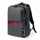 Gray backpack with phone and card in front pockets, zipper compartments visible.