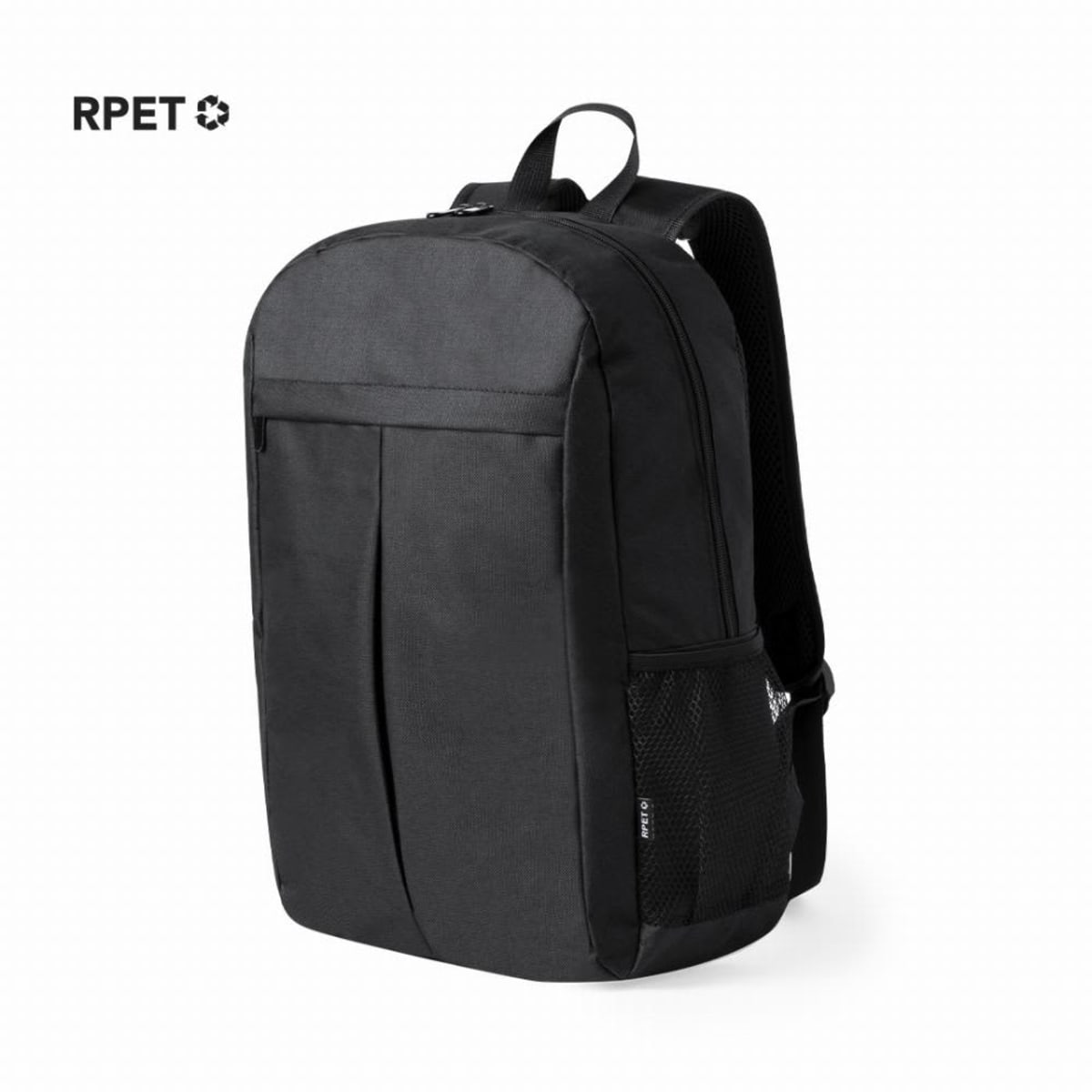 Black backpack with side mesh pocket, shown against a white background.