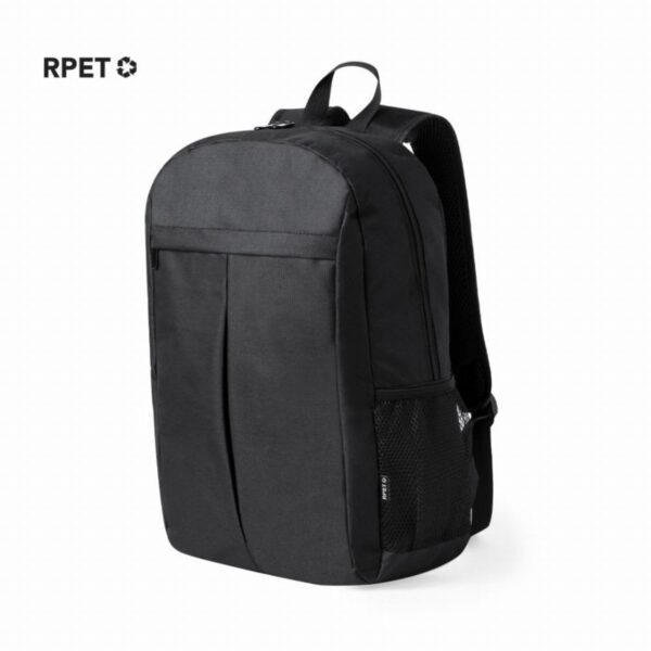 Black backpack with front pocket and side mesh pocket on a white background.