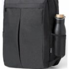 Black backpack with a mesh side pocket containing a black water bottle.