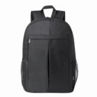 A plain black backpack with mesh side pockets and a small front pocket.