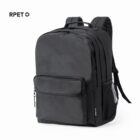 Black backpack with multiple compartments and a front pocket, labeled RPET.