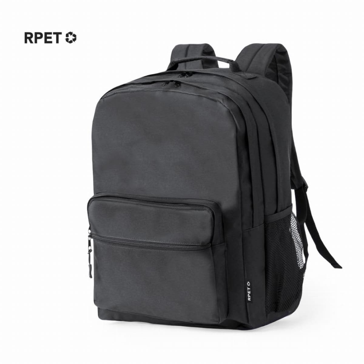 Black backpack with multiple compartments and a front pocket, labeled RPET.