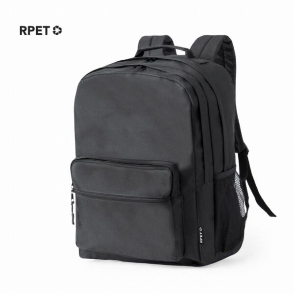 Black backpack with multiple compartments and RPET text near the pocket.