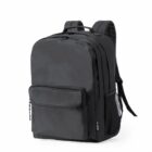 Black backpack with various compartments and a front pocket.