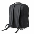 Black backpack with padded straps, side pocket, and top handle, viewed from the back.