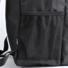 Black backpack with a mesh side pocket.