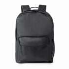 A black backpack with one front pocket and two shoulder straps.