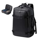 Black backpack with multiple compartments and adjustable straps, shown open with clothes inside.