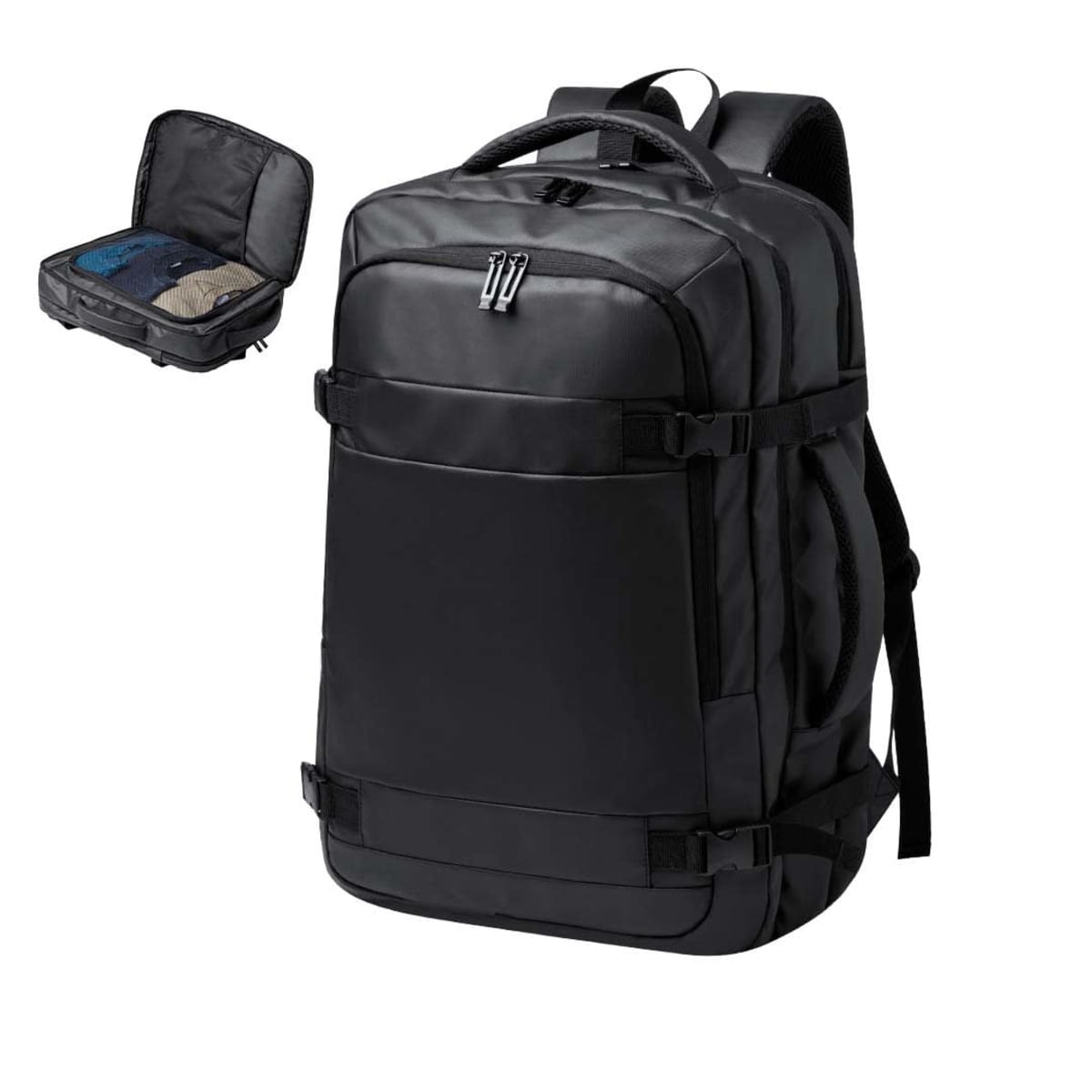 Black backpack with multiple compartments and adjustable straps, shown open with clothes inside.
