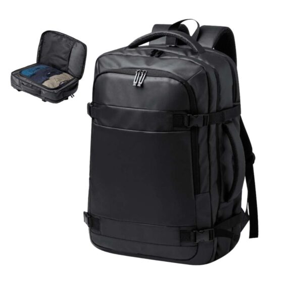 Black travel backpack with visible pockets and adjustable straps, shown with neatly packed clothes.