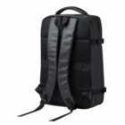Back view of a black backpack with padded straps and a top handle.