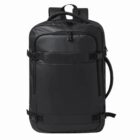 Black backpack with multiple compartments and adjustable straps, viewed from the front.