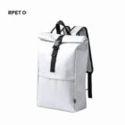 White backpack with black straps and a top buckle closure, labeled RPET.