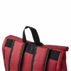 Red backpack with black straps and a carrying handle against a white background.