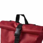 Close-up of a red backpack with a black buckle and handle on a white background.