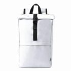 White backpack with a black buckle strap and top handle against a plain background.