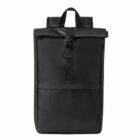 A sleek black rectangular backpack with a top handle and buckle closure.