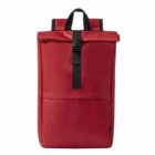Red backpack with a black handle and strap on a white background.