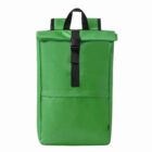 A green roll-top backpack with a black buckle and handle.