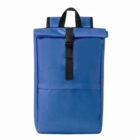 Blue backpack with black straps and a top buckle closure.