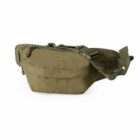 Olive green waist bag with adjustable strap and zippered compartments.