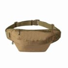 A brown waist pouch with a zipper and adjustable strap.